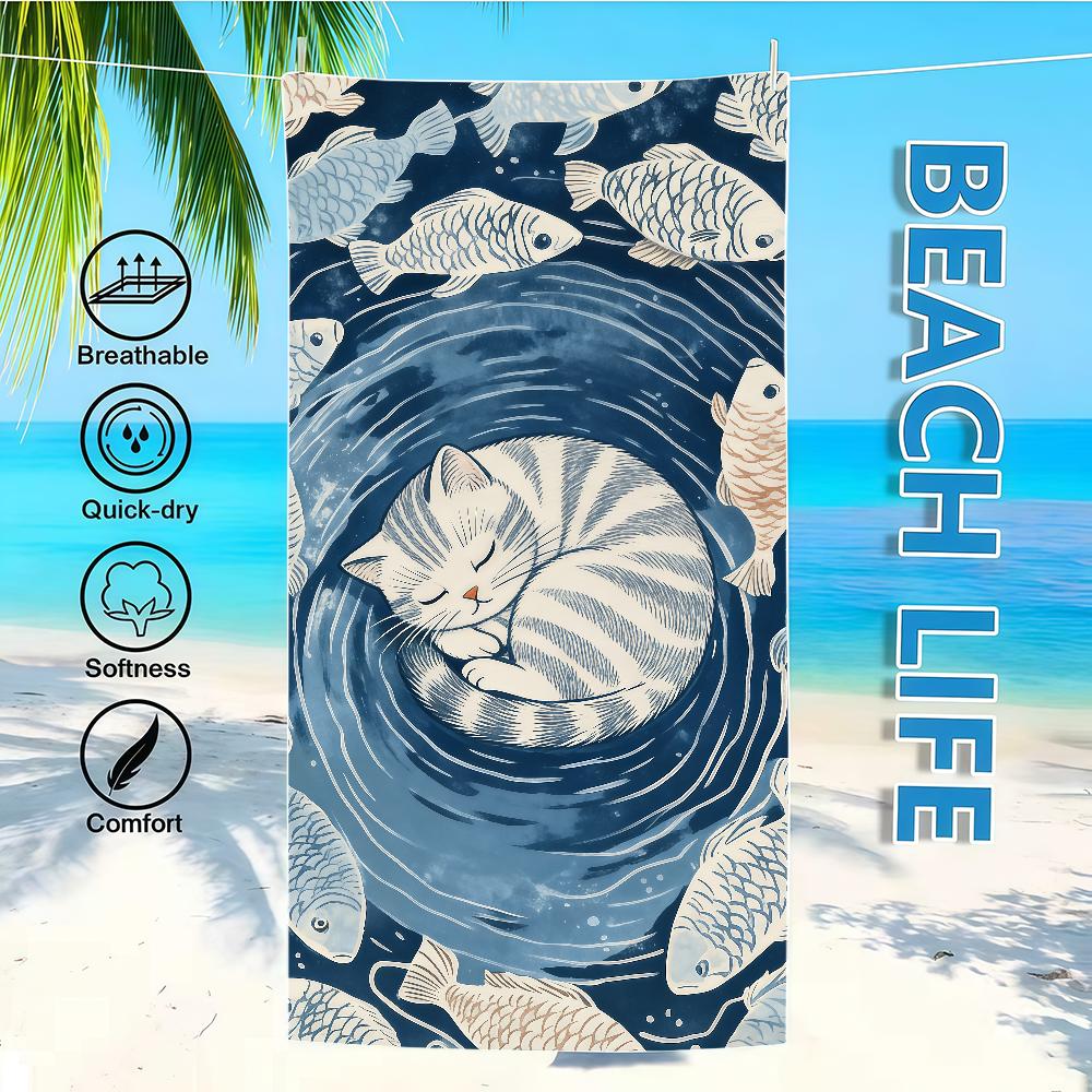 Fish Towel Textile Bathrobe Beach Pattern Quick-Drying Funny Cat Lightweight Portable Retro Camping Swim Pool Travel