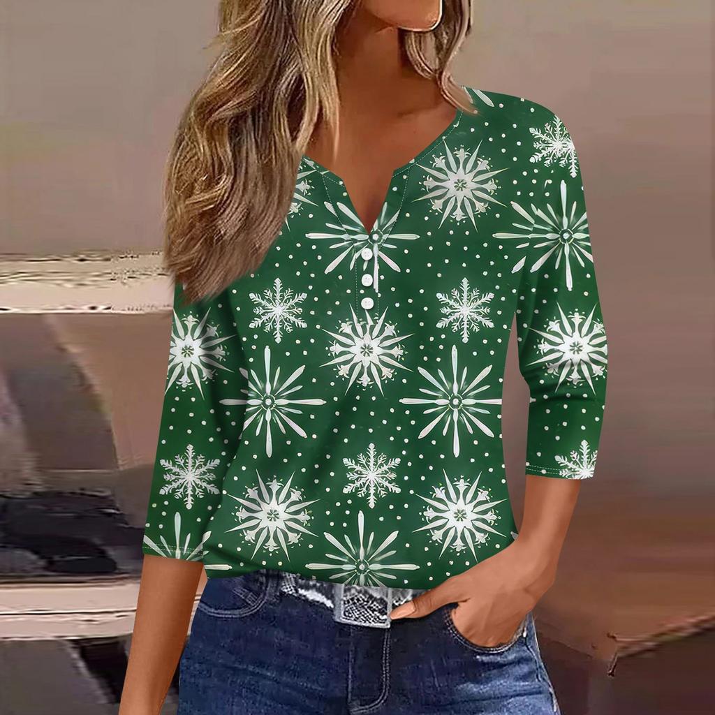 Жен. Футболка Футболка С принтом Пуговицы Рукав 3/4 Повседневные Выходные Мода Классический V-образный вырез Обычный Топ