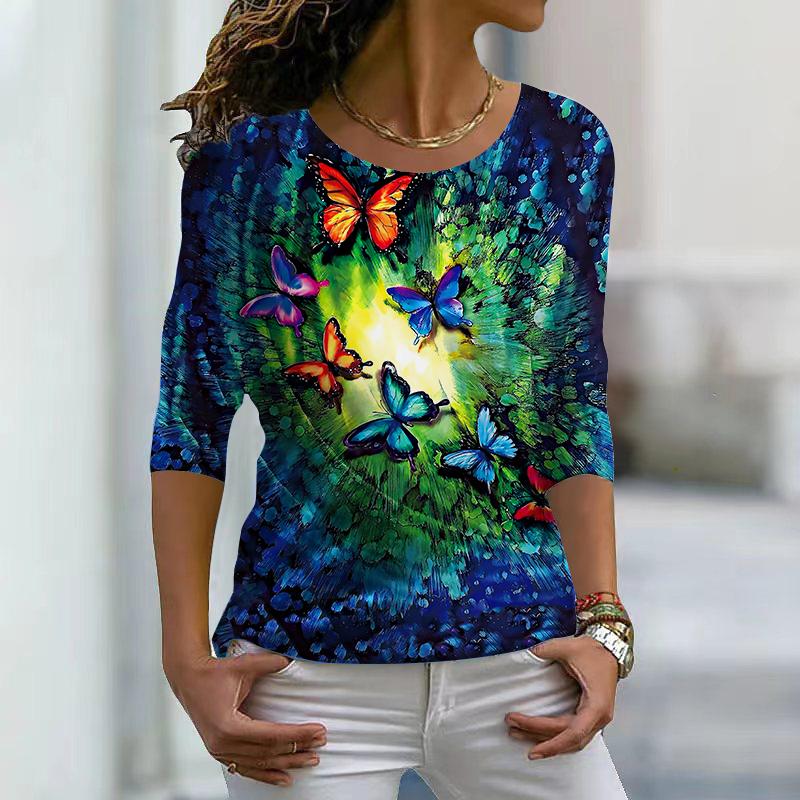 Women Autumn Tops Loose Butterfly Sunflower Print Causal Long Sleeve T-shirt Top Blouse