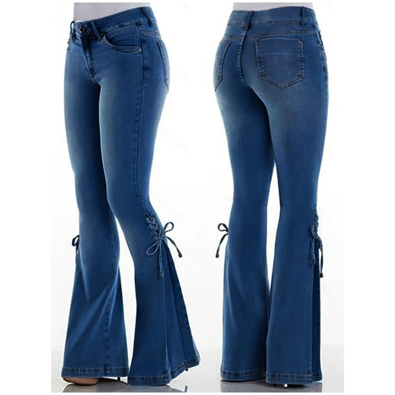 Новые женские расклешенные джинсы с высокой талией, джинсовые брюки, винтажная эластичная уличная одежда, расклешенные брюки со шнуровкой, повседневные джинсы, женские брюки