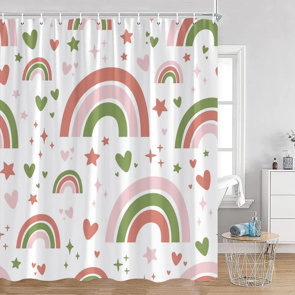 Cute Rainbow Heart Pattern Shower Curtain Children's Simple Modern Bathtub Decorative Polyester Bathroom Shower Curtain