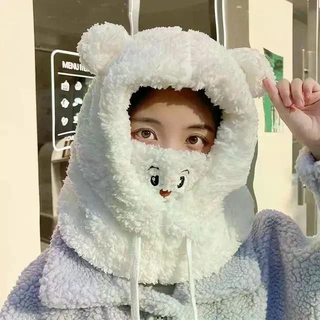 Зимняя мультяшная шапка с маской Медведь Ягненок Шапки-бини Теплые утолщенные защитные уши Шапки-бини для женщин и девочек Kawaii