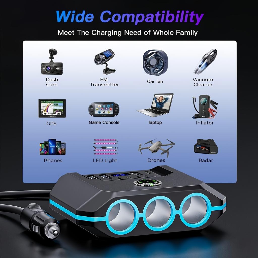 Автомобильное зарядное устройство 7-в-1 мощностью 120 Вт с тремя розетками, индивидуальным включением/выключением для переключателя, светодиодным индикатором напряжения, шунтирующим разъемом 12 В/24 В с кабелем длиной 3,3 фута