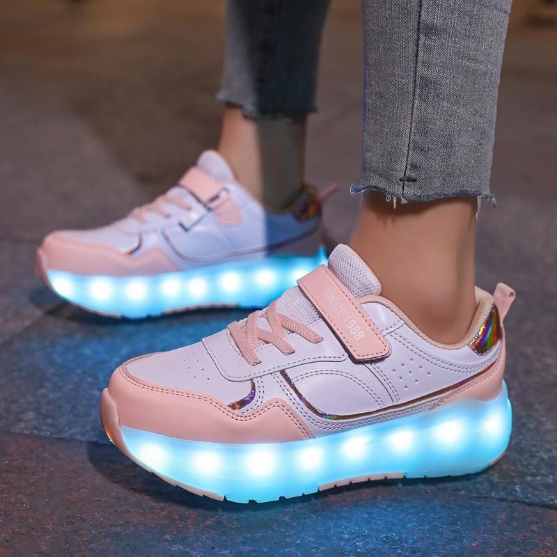 Kid's Lights Sports Shoes Rubbing Shoes Solid Magic Patch Can Charging Double-row Four-wheel Slide Shoes