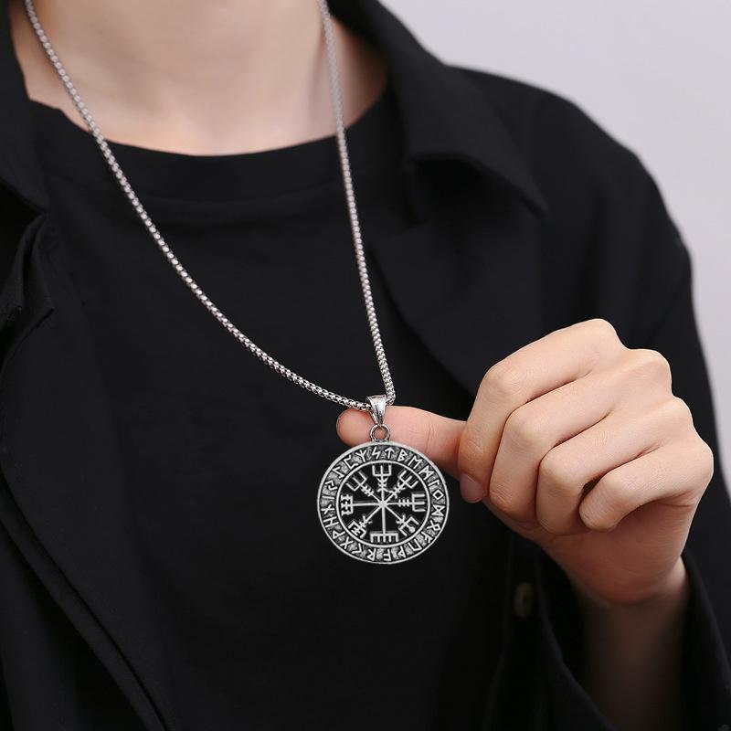 Norse Viking Necklace Vegvisir Symbol Compass Wolf Head Raven Hammer Pendant Vintage Stainless Steel Jewelry for Men Women