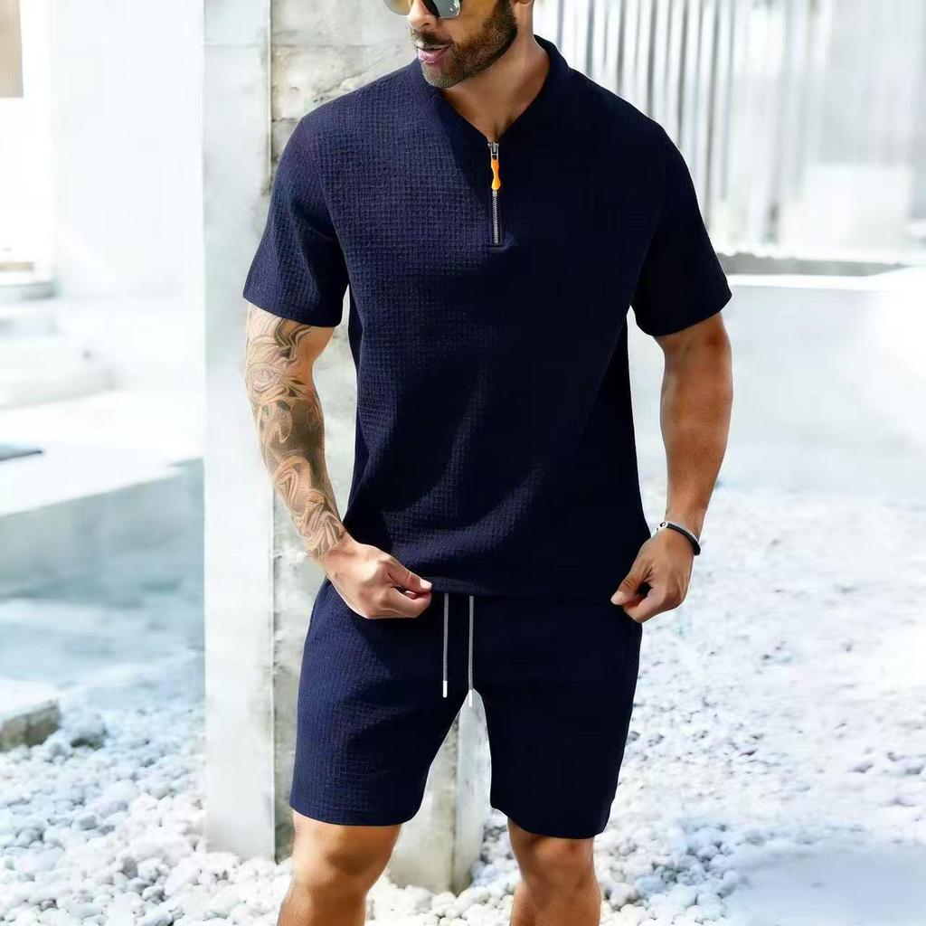 Cross-border Summer Waffle Stand Collar Zipper Solid Color Short-Sleeve Shorts Casual Outdoor Set