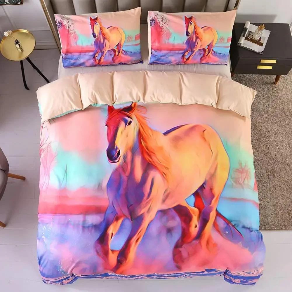 Доминирующий Галопирующий Конь Принт Комплект Пододеяльника 3D Роскошный Постельный Комплект с Наволочкой Покрывала для Спальни Размер Квин