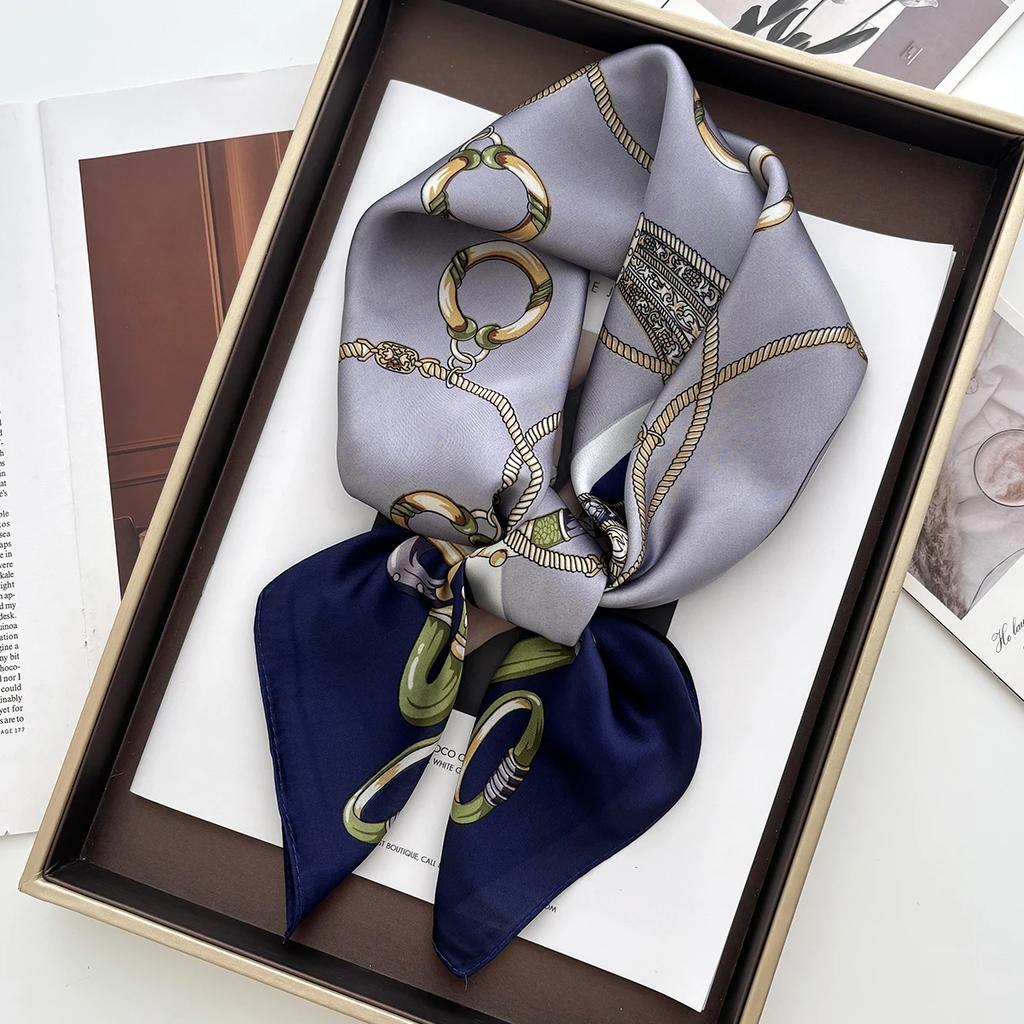 Luxury Ink Charm Landscape Print Shawl Square Scarf for Women Satin Neckerchief Female Hair Bands Ribbon Headband Bandana