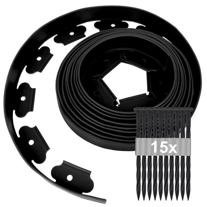 Bordure de jardin flexible 5 m x 5 cm en PE - Noir avec 15 piquets anti-gel