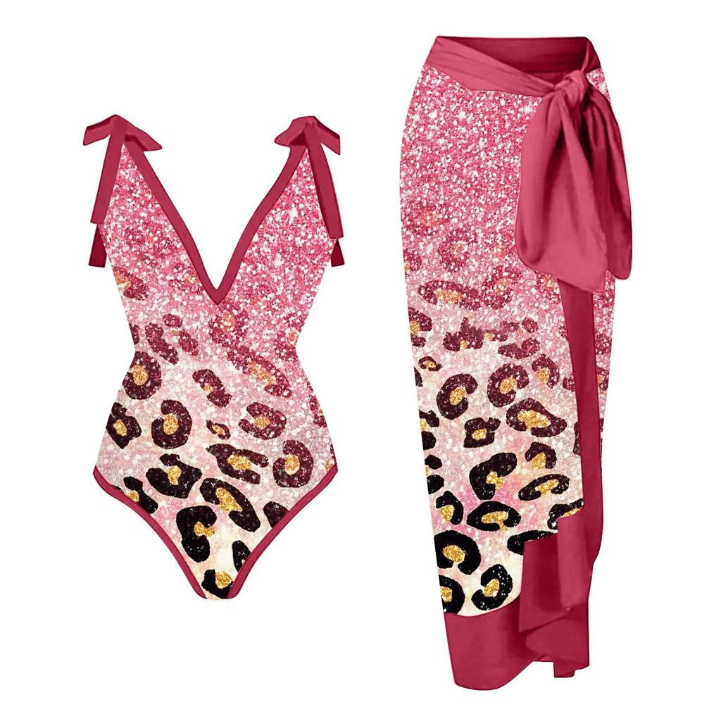 New Vintage Ethnic Print Women's One Piece Swimsuit Two Piece Sheer Skirt Conservative Push Up Padded Swimwear Beachwear