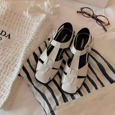 Женские летние сандалии из овчины, плетеные, с квадратным носком, с полым носком, на толстом каблуке, кожаные