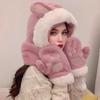 Yousheng Women Hat Rabbit Ear Decor Thickened Warm 3 In 1 Hat Scarf Gloves Hiking Outings Shopping Winter Headwear
