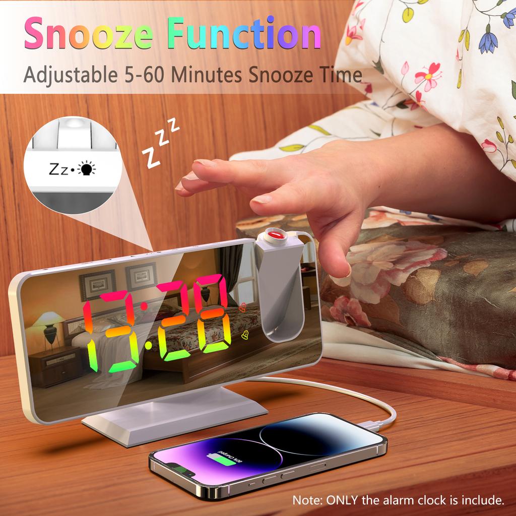 Digital 180 Degrees Projection Alarm Clock with Dynamic RGB Light Brightness Adjustable Snooze Dual Alarm