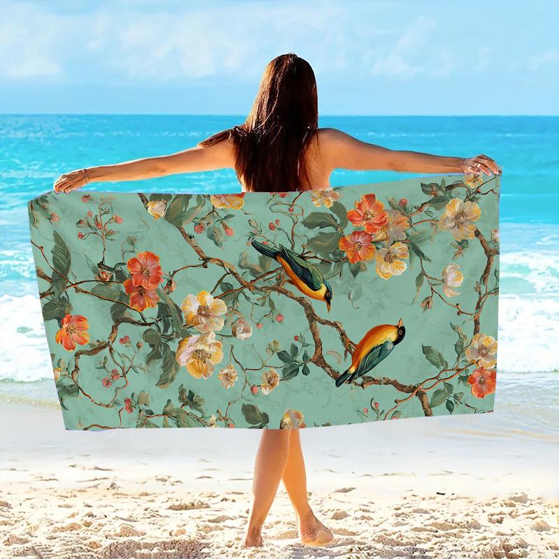 Turquoise Green Golden Bird Floral Oversized Towel, Soft Microfiber for Travel Pool Spa