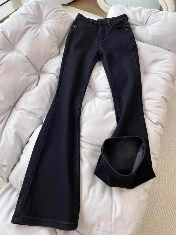 Женские расклешенные плюшевые джинсы с высокой талией - Осень/Зима 2024 - Эластичные брюки больших размеров, закрывающие бедра