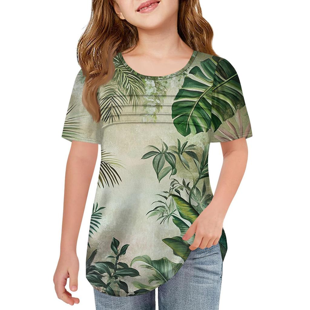 Детские футболки-складки, летние футболки с короткими рукавами и круглым воротником, с принтом цветов, пальто для отдыха