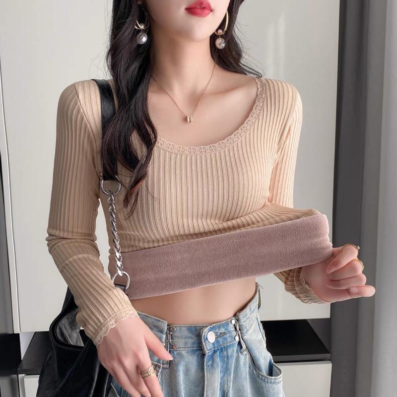 Lamb Wool Warm Top Women's Winter New Style Plus Fleece Thickened Inside with Autumn Clothing Elastic Slim-fit Undershirt Underwear Tide