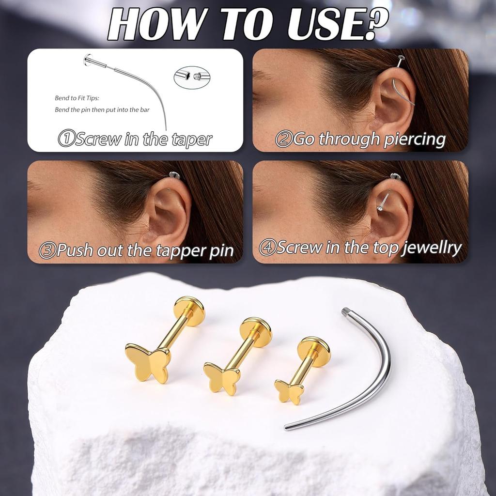 Bobisty 3PCS 16G Helix Piercing Jewellery G23 Titanium Cartilage Earrings Labret for Lip Nose CZ Heart Flat Back 3 Single Studs