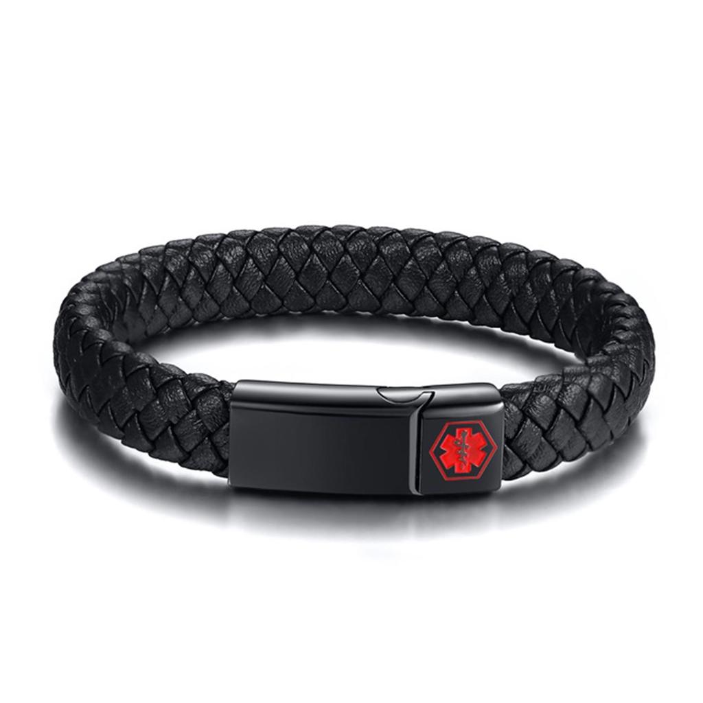 Customized Engrave Medical Alert ID Bracelet, Stainless Steel Magnetic Buckle Woven Leather Wristband Bangle for Men