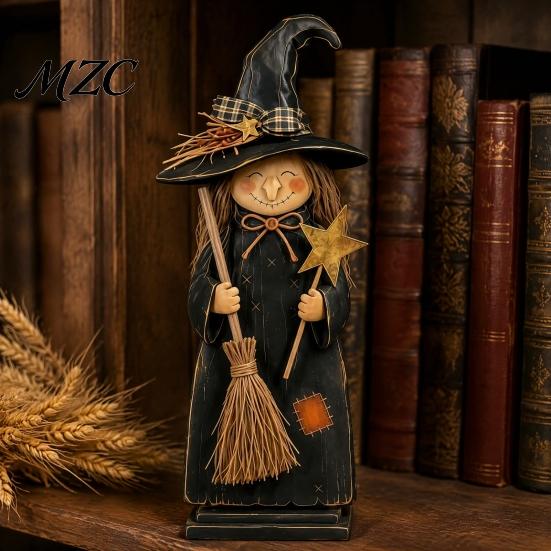 Autumn Seasonal Decorations for Mantle Wooden Witch Ornament, Retro Halloween Figurine with Broom/Pumpkin/Black Detailed Carving Cat, Creative