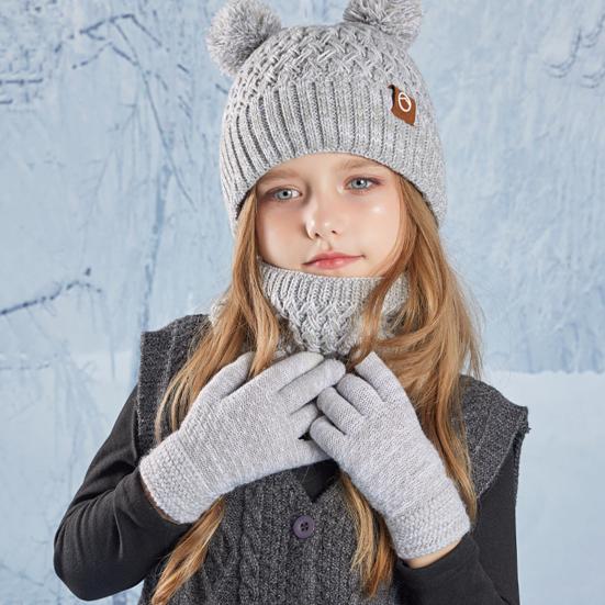 Kids Winter Hat Gloves Scarf Set Cold Weather Knitted Bear Hat with Pom Fleece Lined Neck Warmer Mitten Set for Girls Boys Ages 4-10