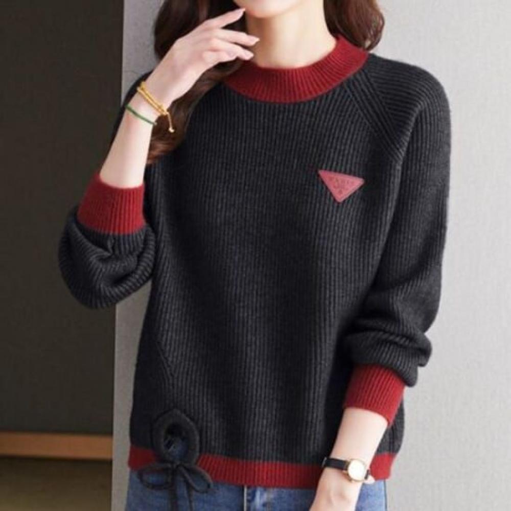 Navava Women Label Ribbed Hem Point Color Long Sleeve Knit Nk3391