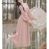 Весенне-осеннее женское сказочное розовое платье миди с v-образным вырезом, кружевное лоскутное платье с бантом и цветочным принтом, элегантное женское шифоновое платье трапециевидной формы