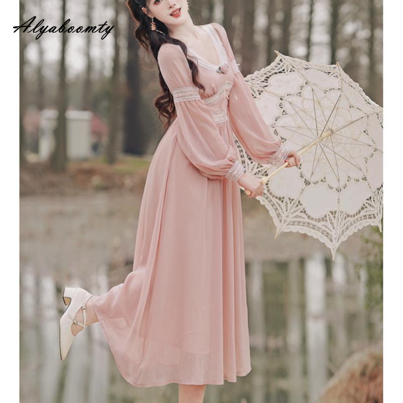 Весенне-осеннее женское сказочное розовое платье миди с v-образным вырезом, кружевное лоскутное платье с бантом и цветочным принтом, элегантное женское шифоновое платье трапециевидной формы