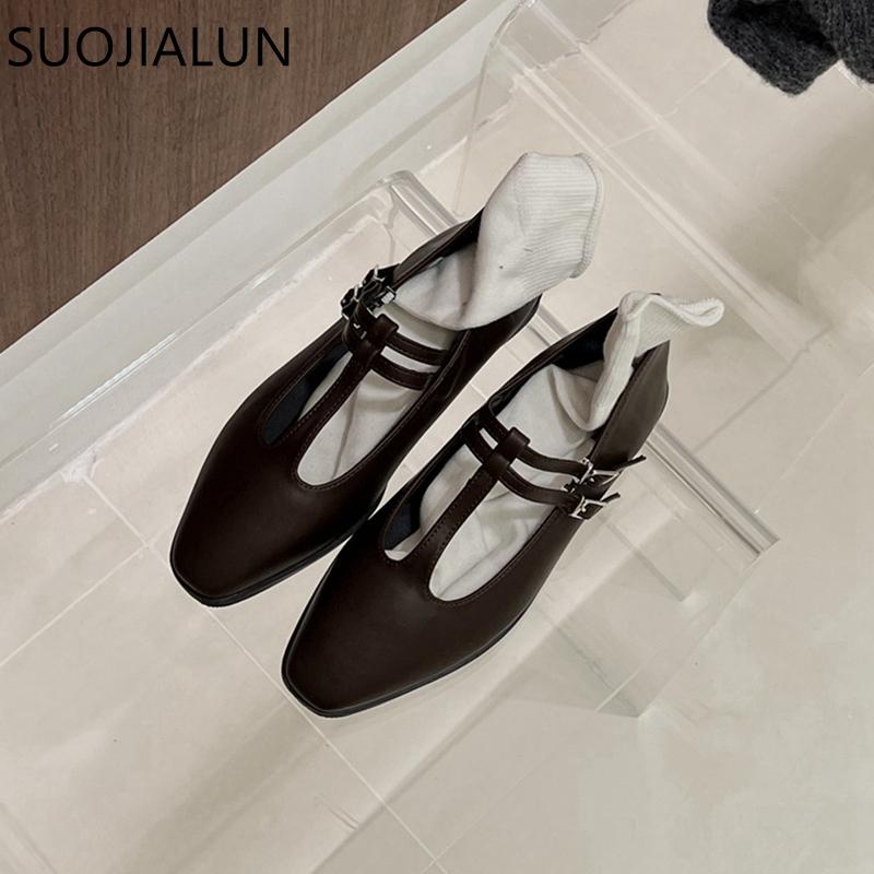 Fashion SUOJIALUN Spring New Women Flat Shoes Fashion Round Toe Shallow Slip On Ladies Mary Jane Shoes Flat Heel Outdoor Dress Ballerina