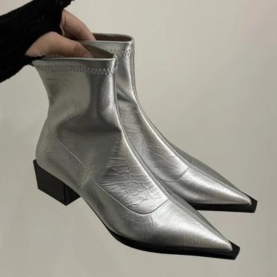 Сексуальные женские ботильоны-челси без шнуровки с острым носом, осенняя мода, серебристые, на квадратном среднем каблуке, мягкие, эластичные, из ПУ
