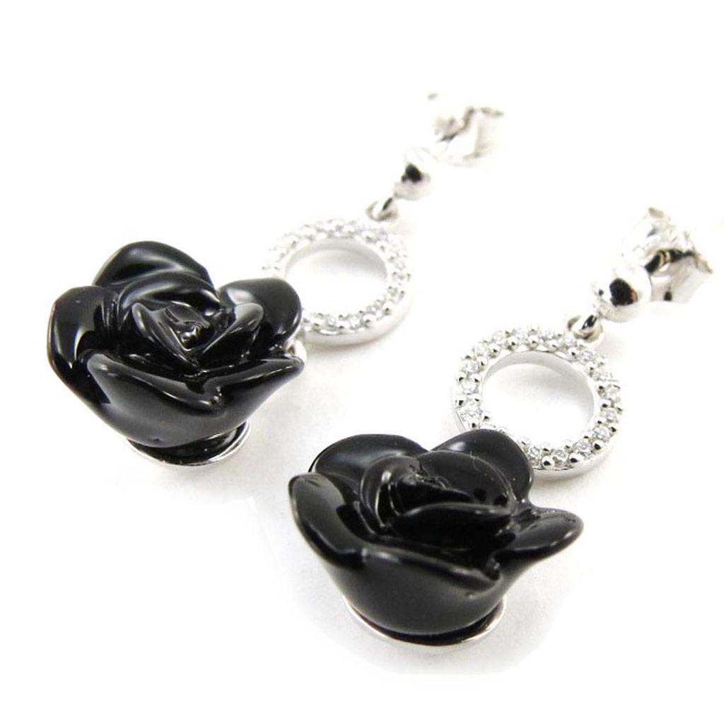 Les Trésors De Lily [J3115] - Серебряные серьги Rose Noire с черным родиевым покрытием - 28x11 мм