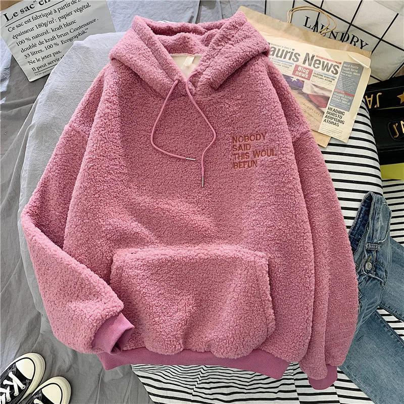 New Autumn Winter Women Sweatshirt Hooded Letter Embroidery Loose Pocket Hoodies Fleece Flannel Pullover 2025
