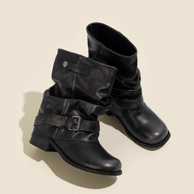 Женская обувь Модные удобные ботильоны Роскошные ковбойские ботинки в западном стиле для женщин Круглый носок Металлическая пряжка ремня Каблук Короткие ботинки