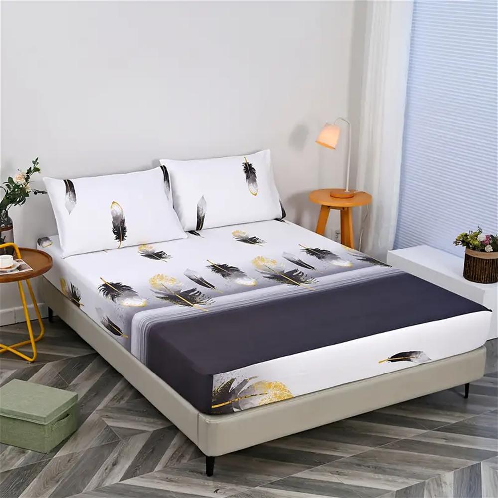 Feather Print Microfiber Bed Sheet Set with Pillowcases - Breathable All-Season Sanded Fabric, Machine Washable Bed Sheet