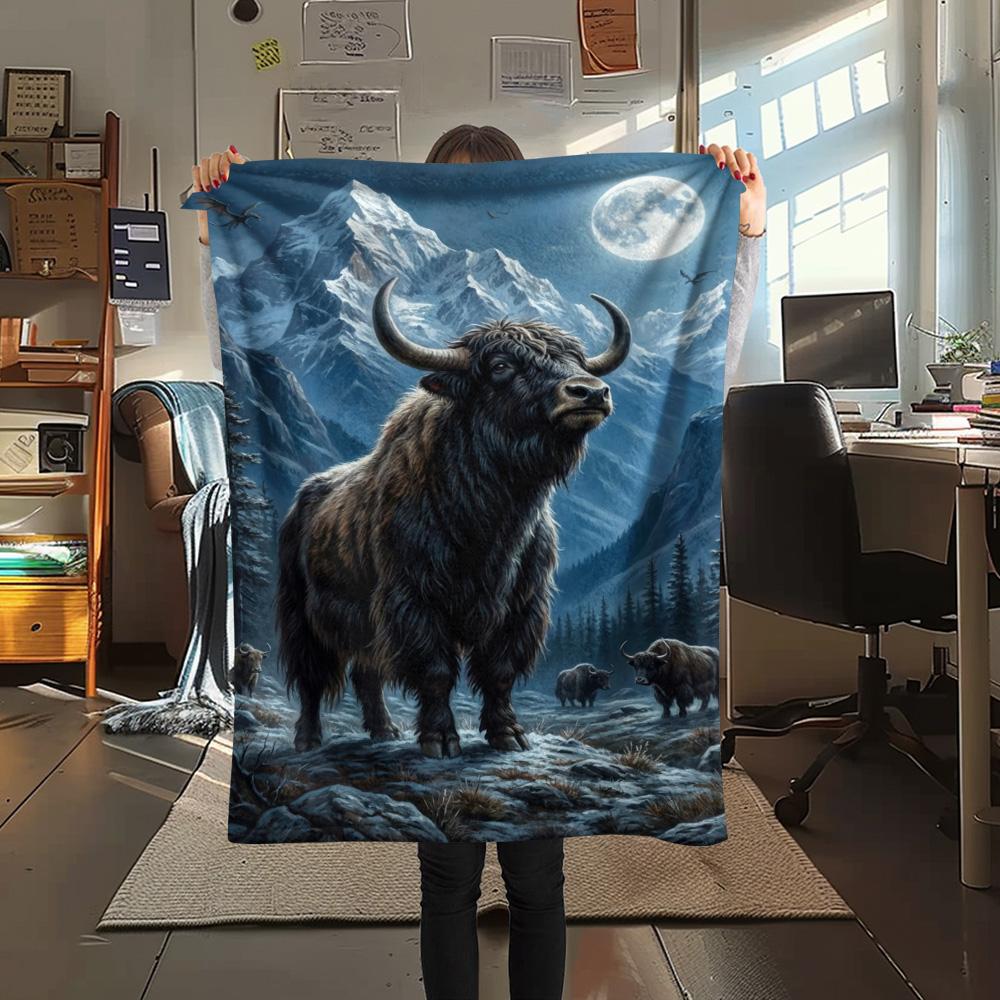 1PC Moonlit Highland Yaks Print FlAannel Blanket, High quality Comfortable for All Seasons, Home Decor, Warmth and Comfort