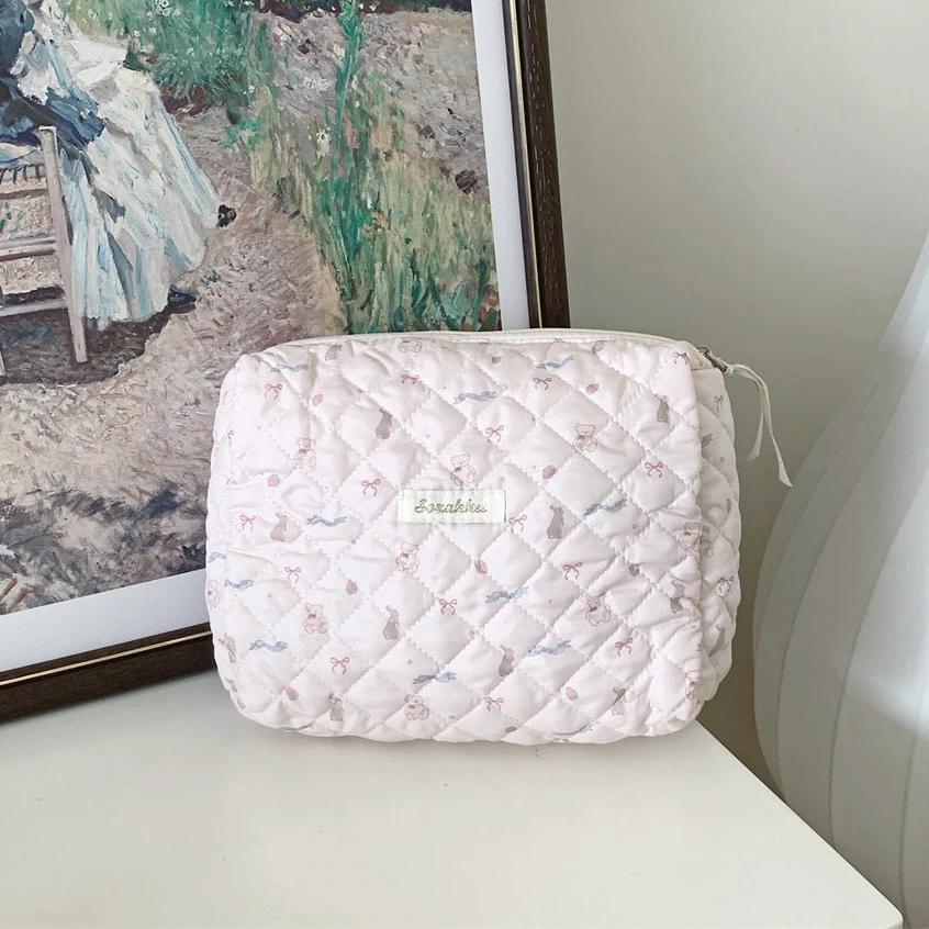 Cute Pink Women's Cosmetic Bag Make Up Case Quilted Cotton Travel Storage Bags Portable Wash Bag Clutch Purse Handbags Mommy Bag