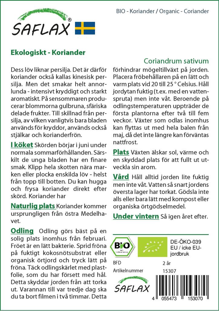 SAFLAX Garden in the Bag - Органический - Кориандр - 150 семян - С субстратом в подходящем пакете - Coriandrum sativum