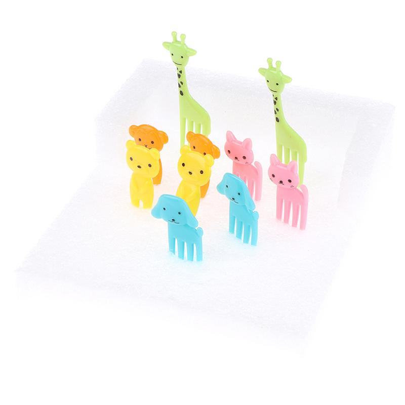 10 шт. Мини-вилочки для еды с мультяшными животными, для детских закусок, торта, десерта, фруктов