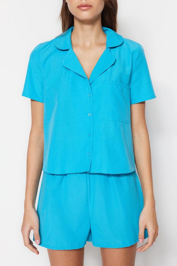 Women's Fashion Green Terrycotton Shirt-Shorts Woven Pajama Set