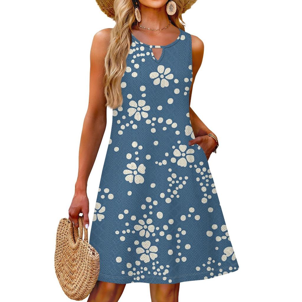 Ladies Fashion Casual Summer Floral Print Dress With Pocket Beach Holiday Vest Dress