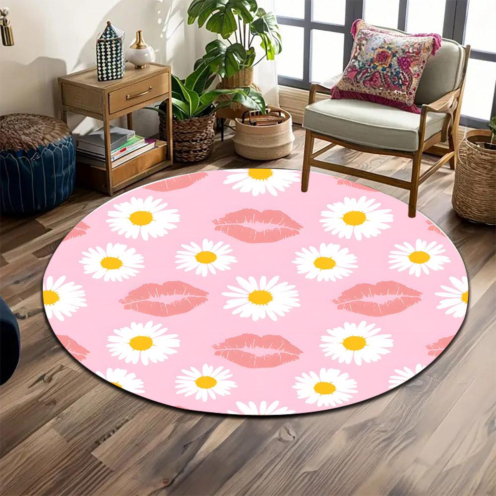 Pink Background with Daisies and Lips Print round rug, living room, bedroom, playroom carpet, non slip floor mat, gift