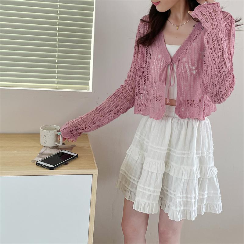 Summer Women's Knitted Shawl Sweaters Lady Hollow Out Tie Up Air-conditioned Shirt Mesh Thin See Through Look Long Sleeve Loose Tops Sunscreen Shirt