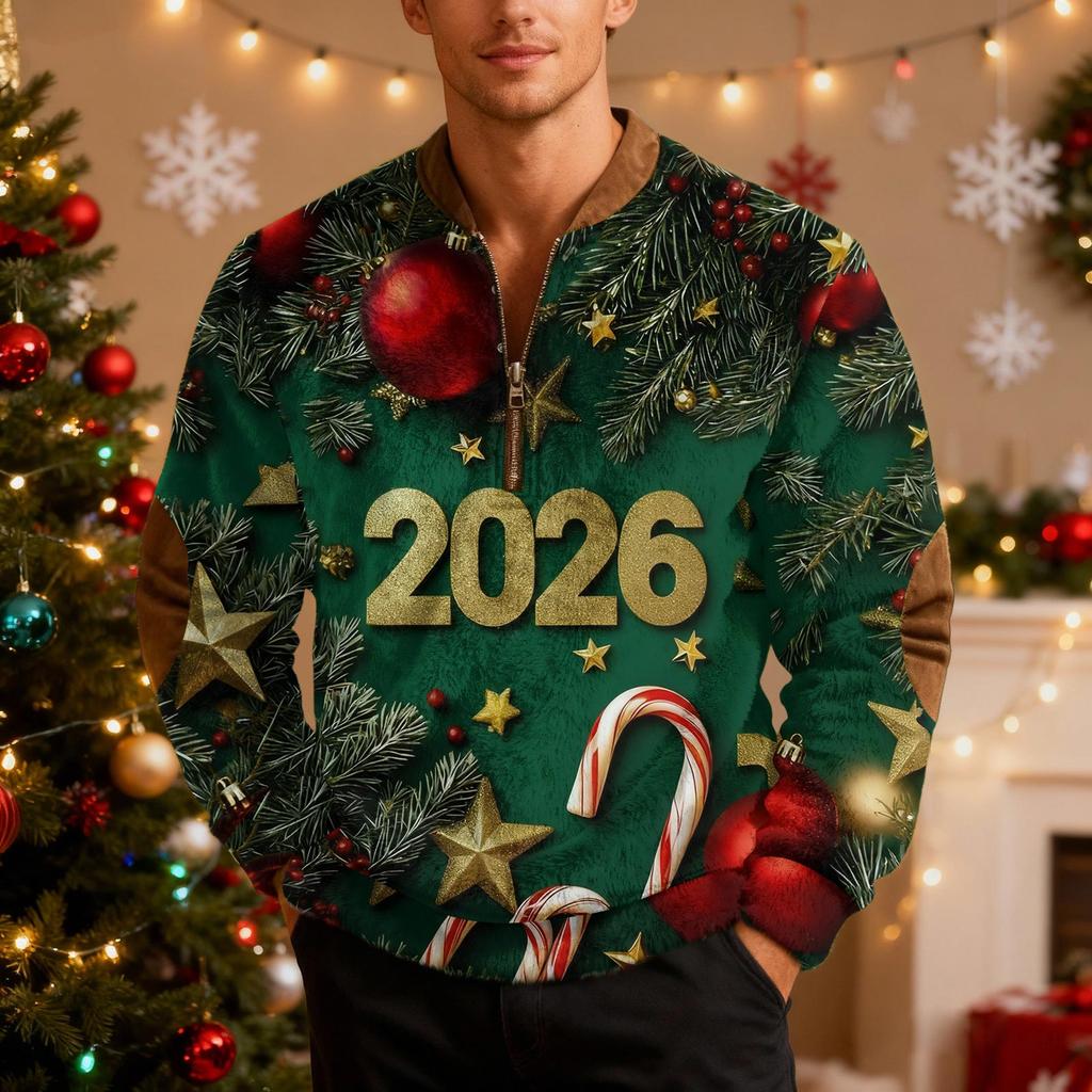 Мужской рождественский свитер на молнии, винтажный вязаный графический свитшот, рождественский пуловер со стойкой