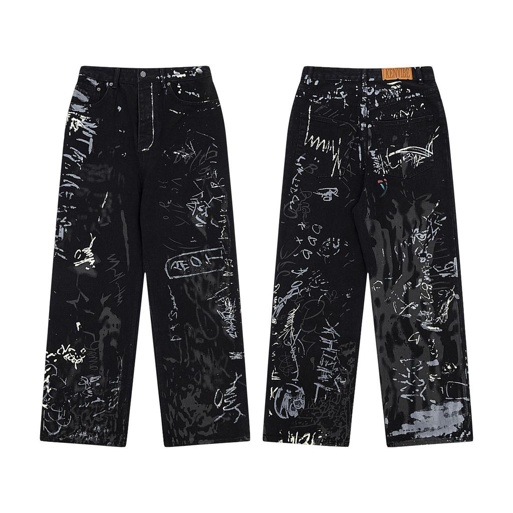Unisex American Graffiti Print Wide-Leg Jeans - Niche Fashion