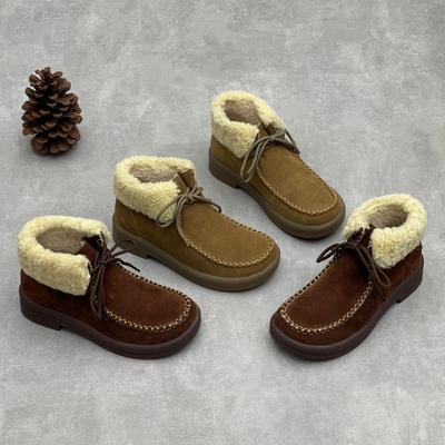 Плюшевые Теплые Короткие Ботинки из Натуральной Кожи на Шнуровке на Низком Каблуке из Мягкой Коровьей Кожи Женские Хлопковые Туфли