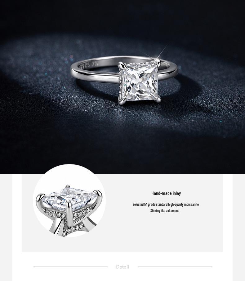 S925 Sterling Silver Princess Cut Moissanite Ring, Four-Prong Design, Full Moissanite.