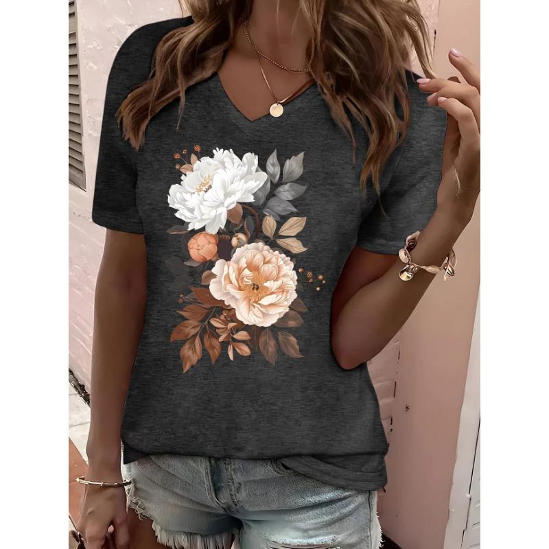 Women's T-Shirt Floral Pattern Printing Fashion Casual Oversized High-Quality Tee Shirt V-Neck Women's Clothing Summer