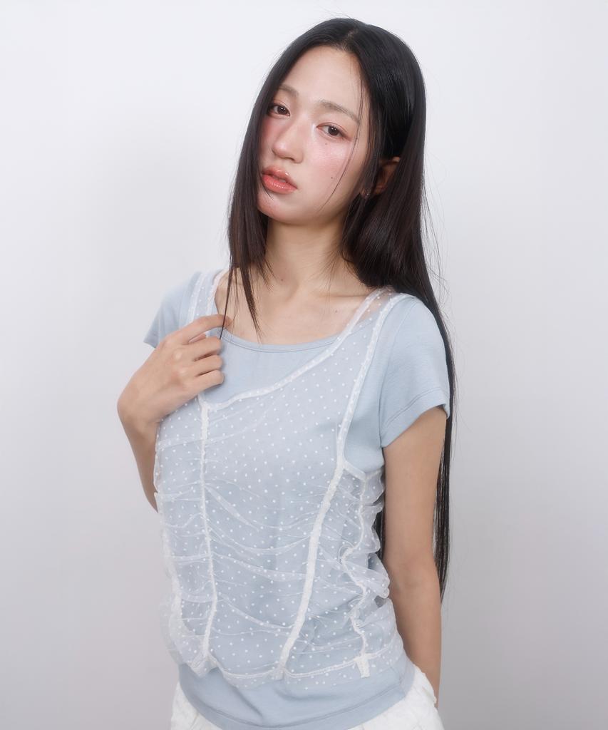 LMR Two-Way Lace Shirred Layered Short Sleeve T-Shirt Sky Blue / White