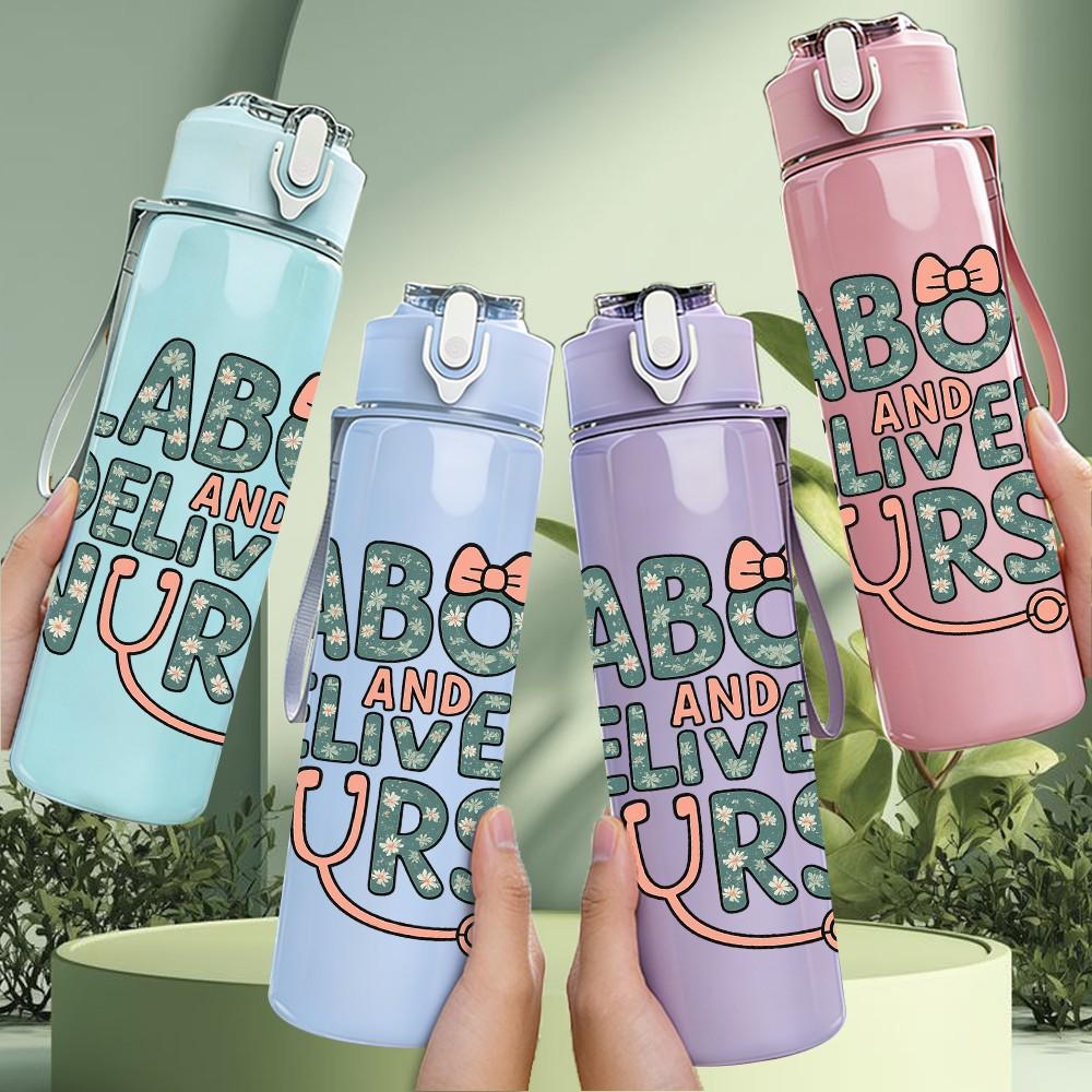 1PC Labor Delivery Nurse Text 750ml Color Plastic Sports Water Bottle Leakproof Flip Straw Lid Suitable for Sports Office Home Use
