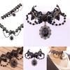 Lolita Gothic Black Rose Flower Lace Choker Collar Necklace Beads Chain